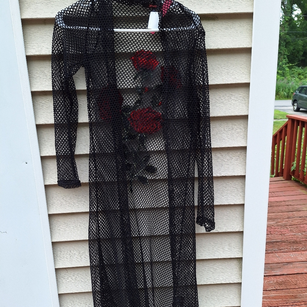 Xtaren Black Mesh Cover-Up with Red Floral Accents